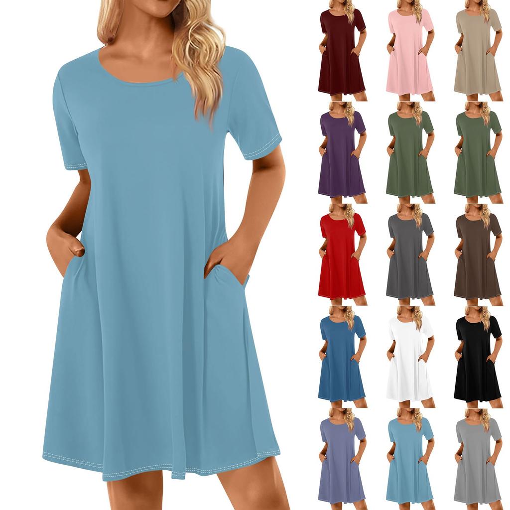 Женские повседневные платья с однотонным принтом, летние платья с коротким рукавом и круглым вырезом