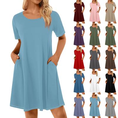 Женские повседневные платья с однотонным принтом, летние платья с коротким рукавом и круглым вырезом