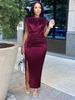 Women Dress Pleated Long Wine Red Elegant Slit High Collar Slim Fit Sleeveless Maxi Outfits Plus Size Evening Party Shiny Gowns