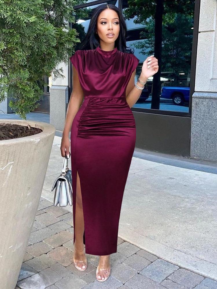 Women Dress Pleated Long Wine Red Elegant Slit High Collar Slim Fit Sleeveless Maxi Outfits Plus Size Evening Party Shiny Gowns
