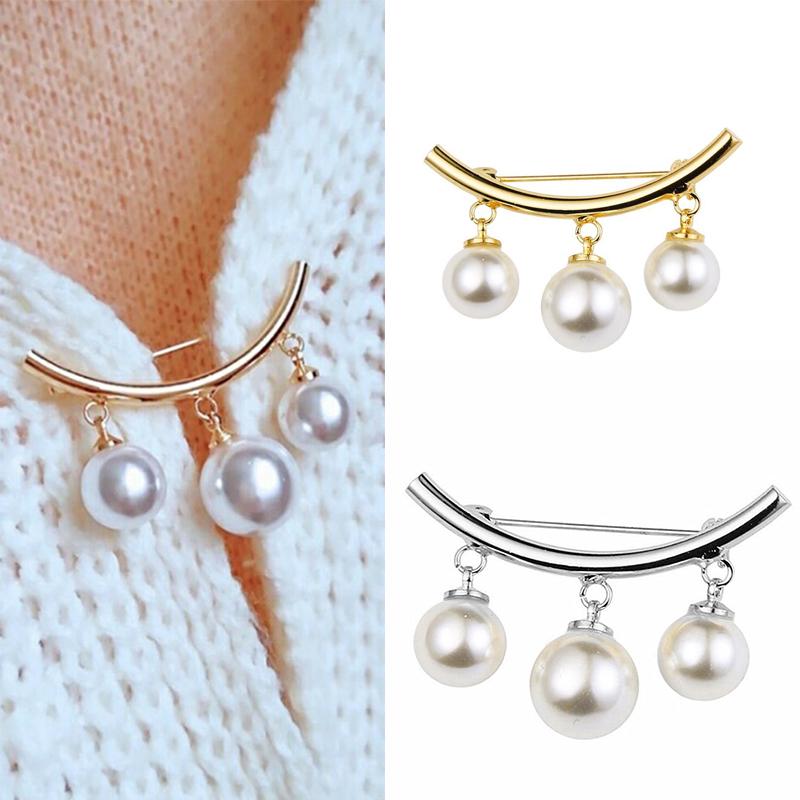 Imitation Pearl Fixed Strap Charm Safety Pin Brooch Sweater Cardigan Clip Chain