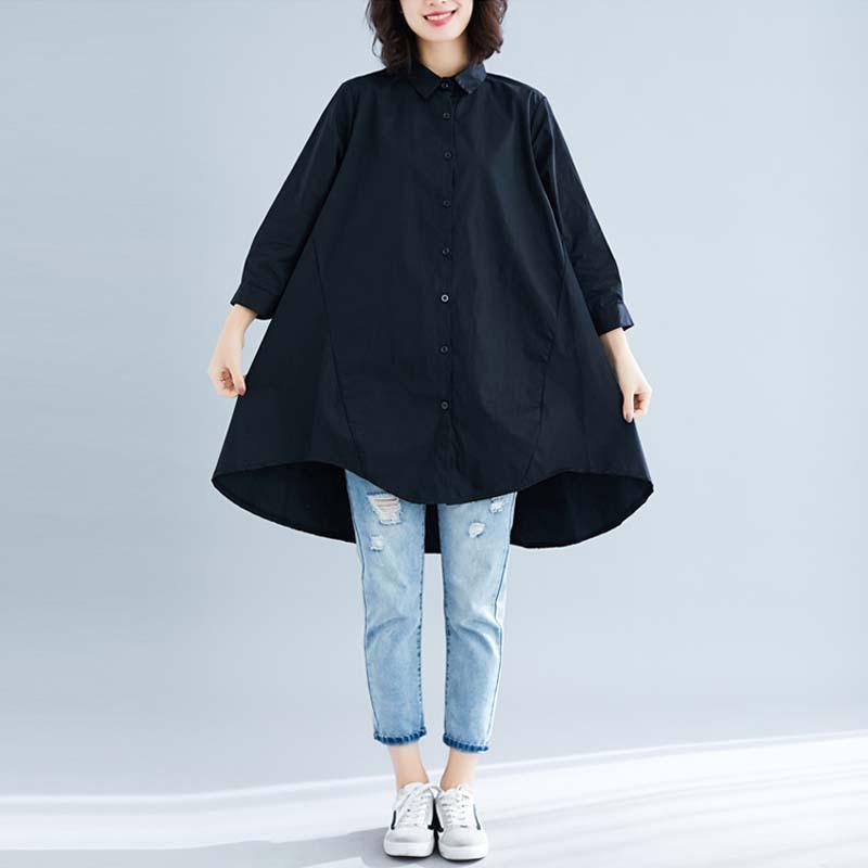 Summer Literary Plus Size Loose Solid Color Lapel Seven Quarter Sleeve Shirt for Women's Mid To Long Length Blouses & Shirts