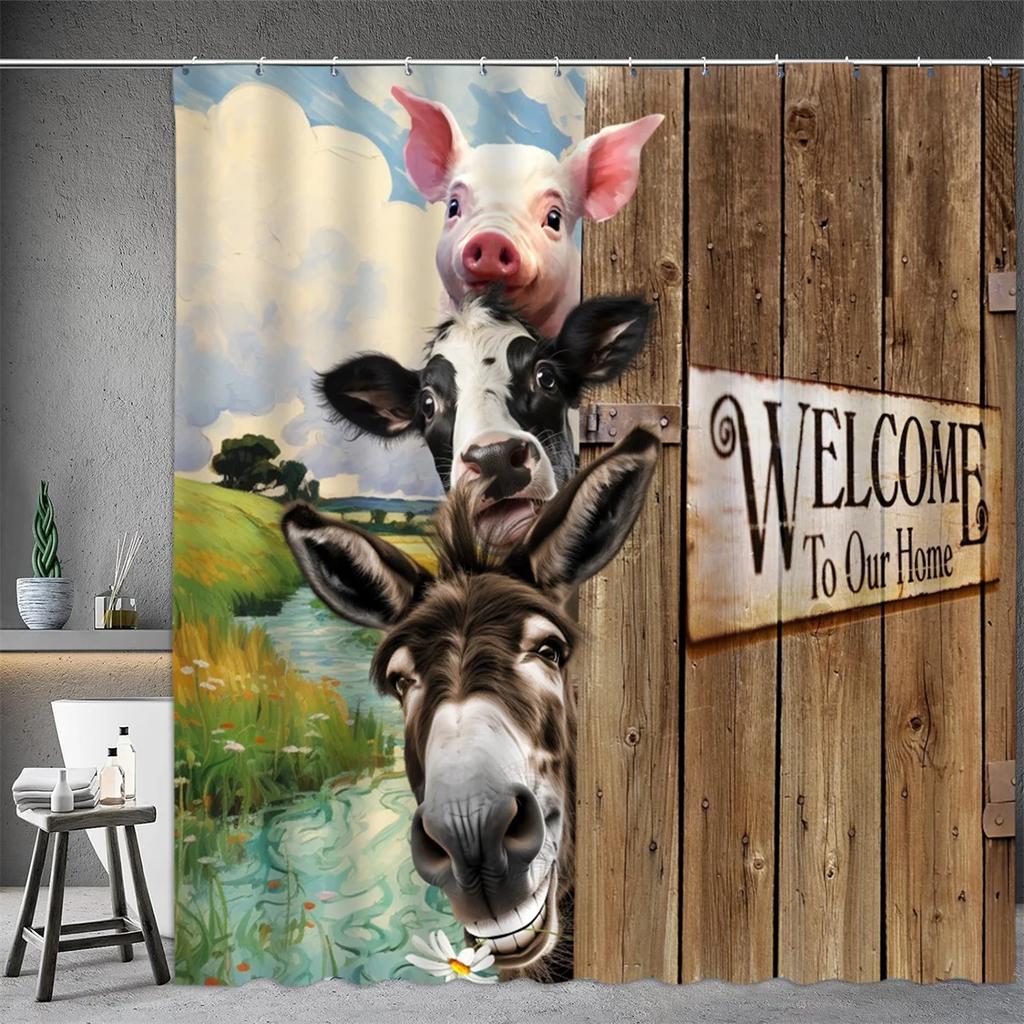 Farm Animal Shower Curtain, Oil Painting Farmhouse Barn Door Donkey Cow Pig Sunflower Spring Bathtub Partition Bathroom Decor