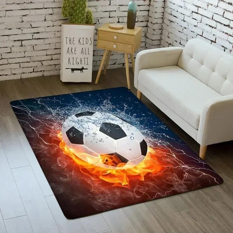 3D Fire Soccer Ball Football Field Rug Living Room Bedroom Sports Non-Slip Carpet Look Ideal Gift for Football Enthusiasts