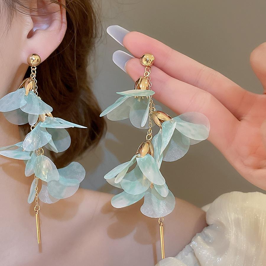 Sweet Pink Blue Flower Earrings for Women Yarn Mesh Long Tassel Earring Pendientes Y2K Jewelry Holiday Accessories