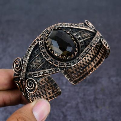 Браслет-манжета из натурального дымчатого топаза с медной проволокой, регулируемый h7P12