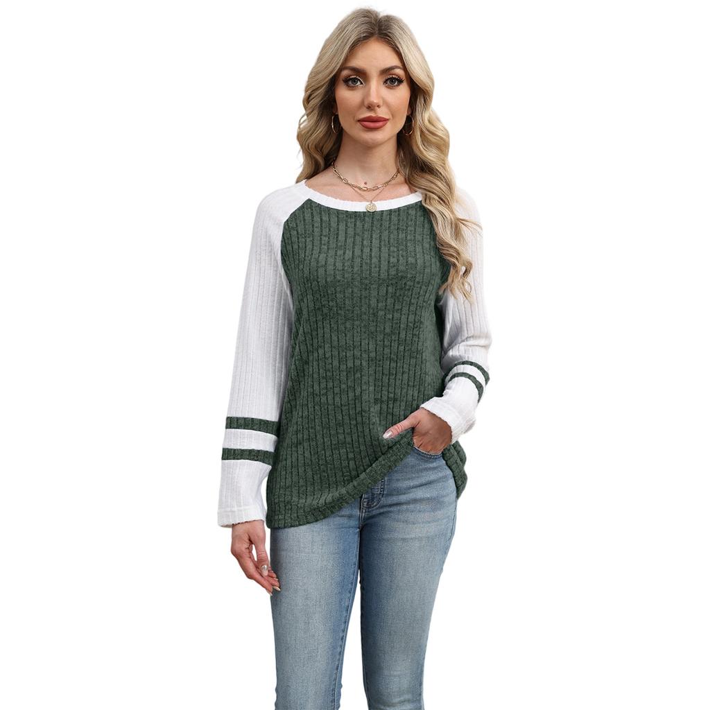 Новый осенне-зимний трикотажный топ с круглым вырезом и рукавами с открытыми плечами, с цветовыми блоками и пэчворком