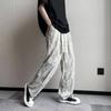 Men Pants Elastic Waist Adjustable Drawstring Wide Leg Casual Trousers with Pockets Letter Print Corduroy Pants