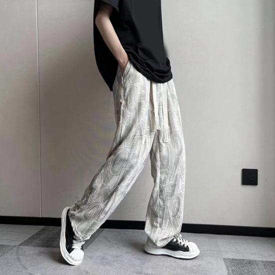 Men Pants Elastic Waist Adjustable Drawstring Wide Leg Casual Trousers with Pockets Letter Print Corduroy Pants