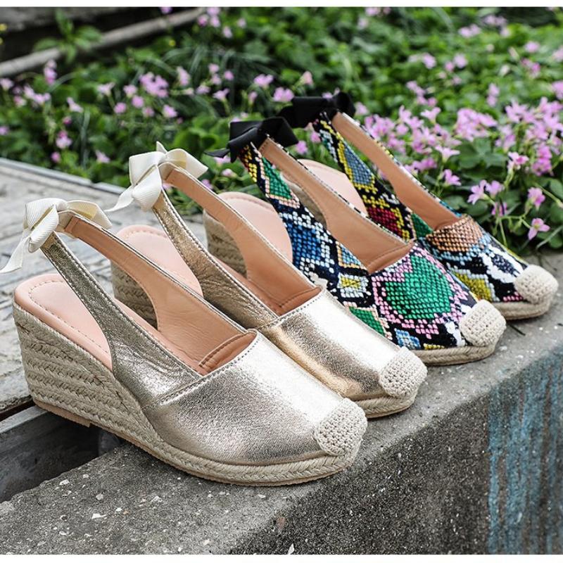 2025 Женские сандалии Обувь на танкетке Женские туфли с бантом Слипоны Змеиные танкетки Каблуки Женские Сандалии Большого размера chaussure femme WSH3930