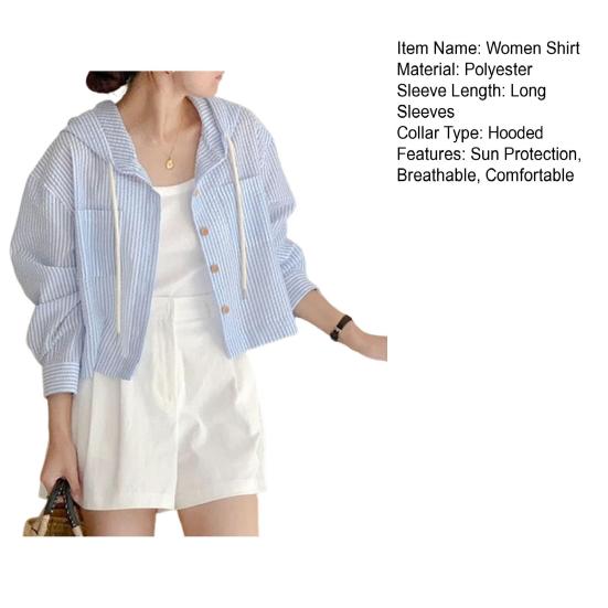 Женские полосатые рубашки на пуговицах с капюшоном и длинными рукавами, летний кардиган с защитой от солнца