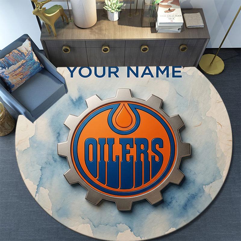 Custom Name,Edmonton Oilers pattern round rug,Carpet Rug for Living Room Bedroom Playroom ,Non-slip Floor Mat,Holiday Gifts and Birthday Gifts.