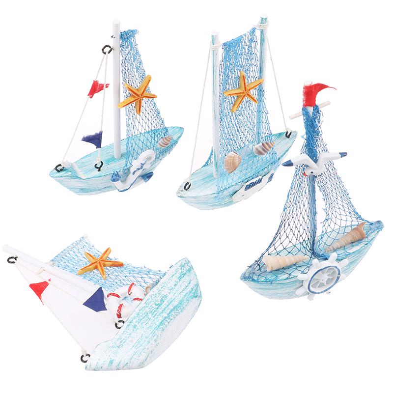 1PCS Mediterranean Style Marine Nautical Wooden Blue Sailing Boat Ship Wood Crafts Ornaments Party Home Decoration