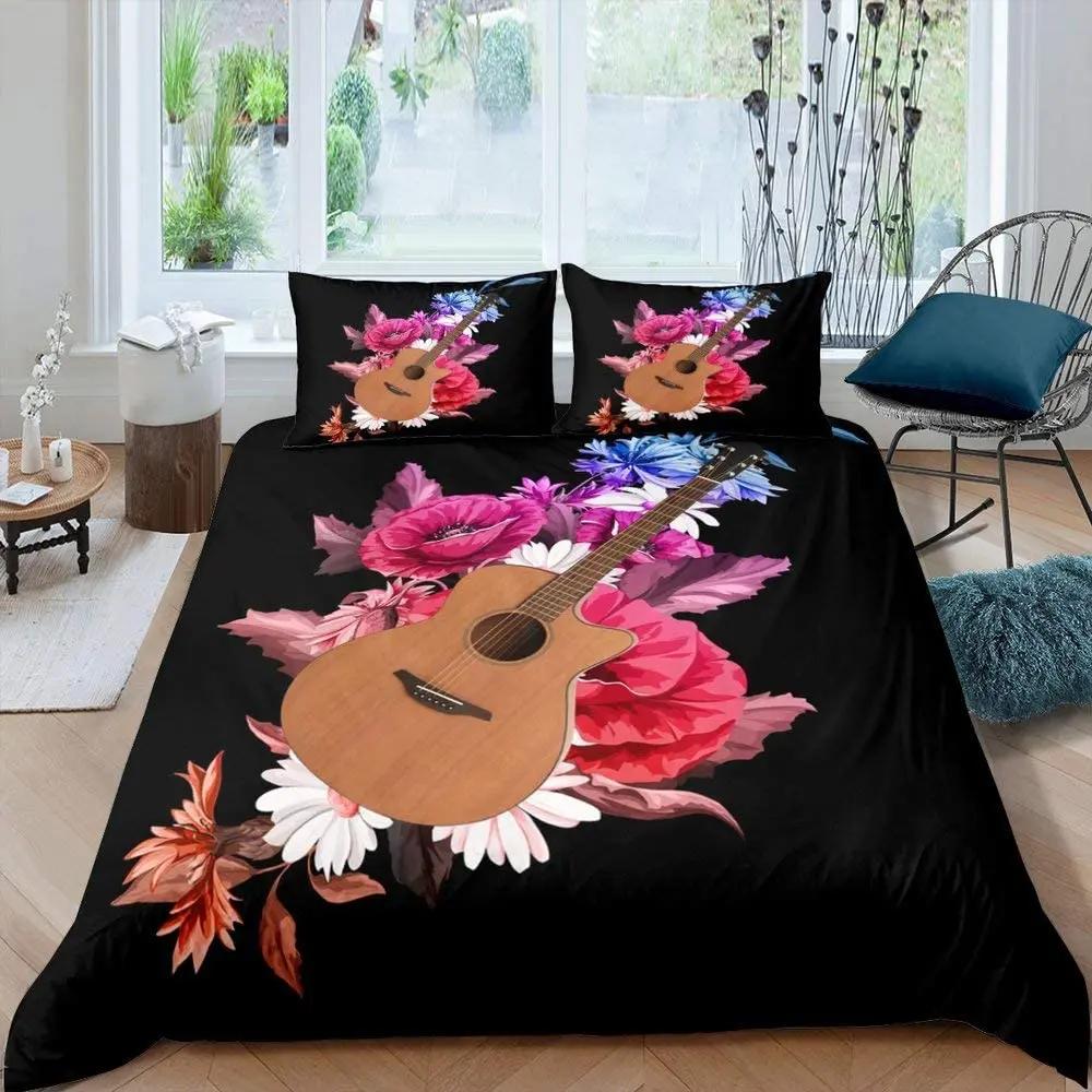 Guitar Duvet Cover Set King Queen Full Size Watercolour Style Polyester Comforter Cover for Kids Boys Girls Teens Bedding Set