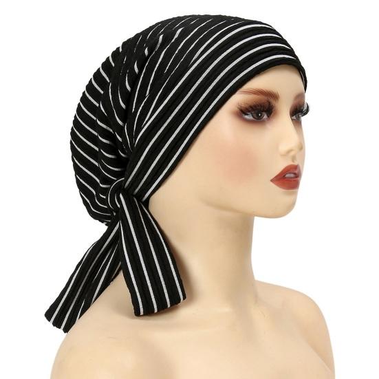 Women Headscarf Hat Striped Print Lace-up Turban Hat Hair Loss Chemotherapy Headwear Full Coverage Head Wrap