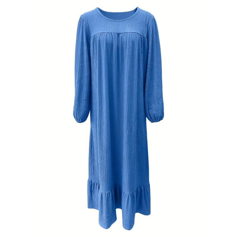 Spring and Autumn Women's Fashion Long Sleeve Vintage Solid Colour Ruffle Hem Long Dresses