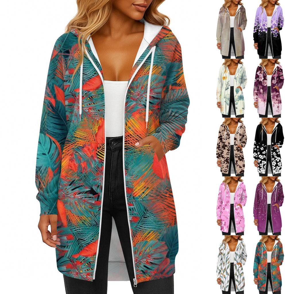 Women's Fashionable Printed Long Sleeved Drawstring Hooded Zipper Pocket Long Casual Sweatshirt Jacket