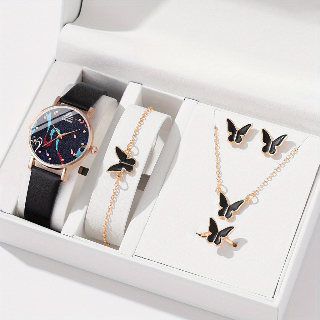 6 шт./компл. женские часы, повседневные кварцевые часы с круглой стрелкой, женские наручные часы из искусственной кожи и комплект ювелирных изделий, подарок для женщин