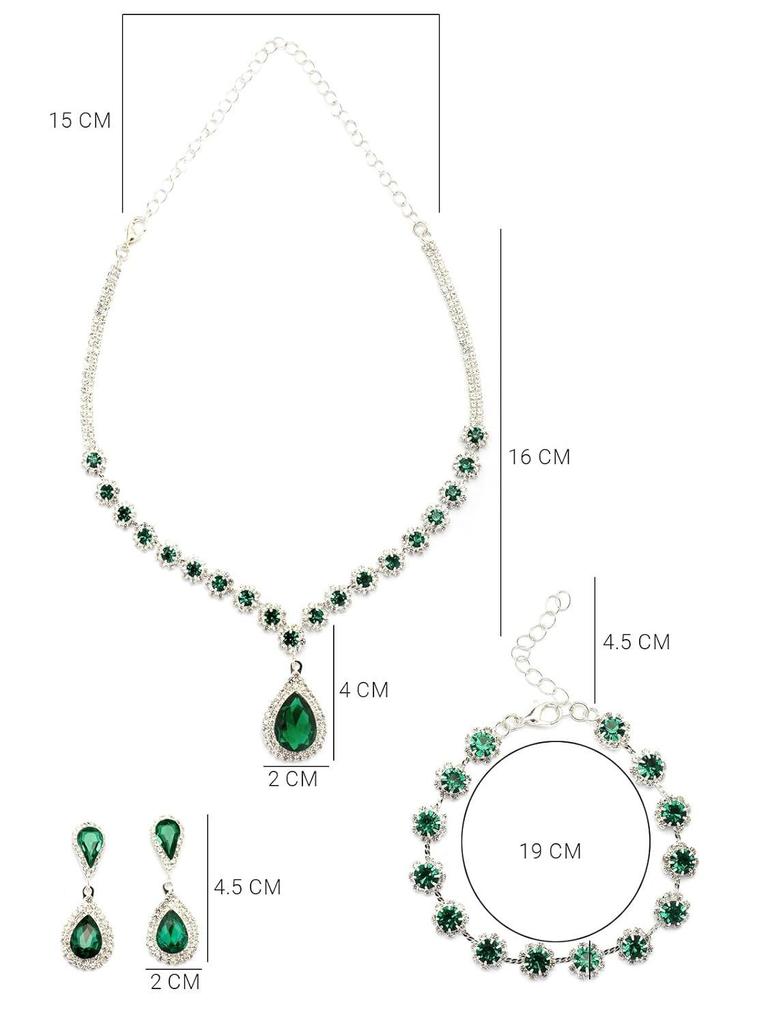 Stylish AD Stone Diamonds Studded Rhodium Plated Silver Green Drop Choker Necklace with Drop Earring Combo Jewellery Set