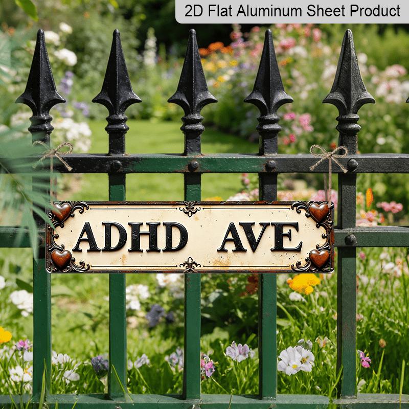 2D Flat, 1pc Retro Aluminum Wall Art Logo-ADHD Ave" Humorous Decoration Brand, Suitable for Home, Office, Men's Nest, Kitchen, Farmhouse, Bathroom