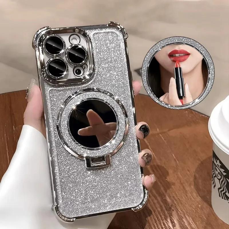Роскошный Чехол для iPhone 17 16 11 12 13 14 15 Pro Max Plus с Блестками, Поддержкой-Кронштейном и Покрытием, Совместимый с MagSafe Беспроводной Зарядкой