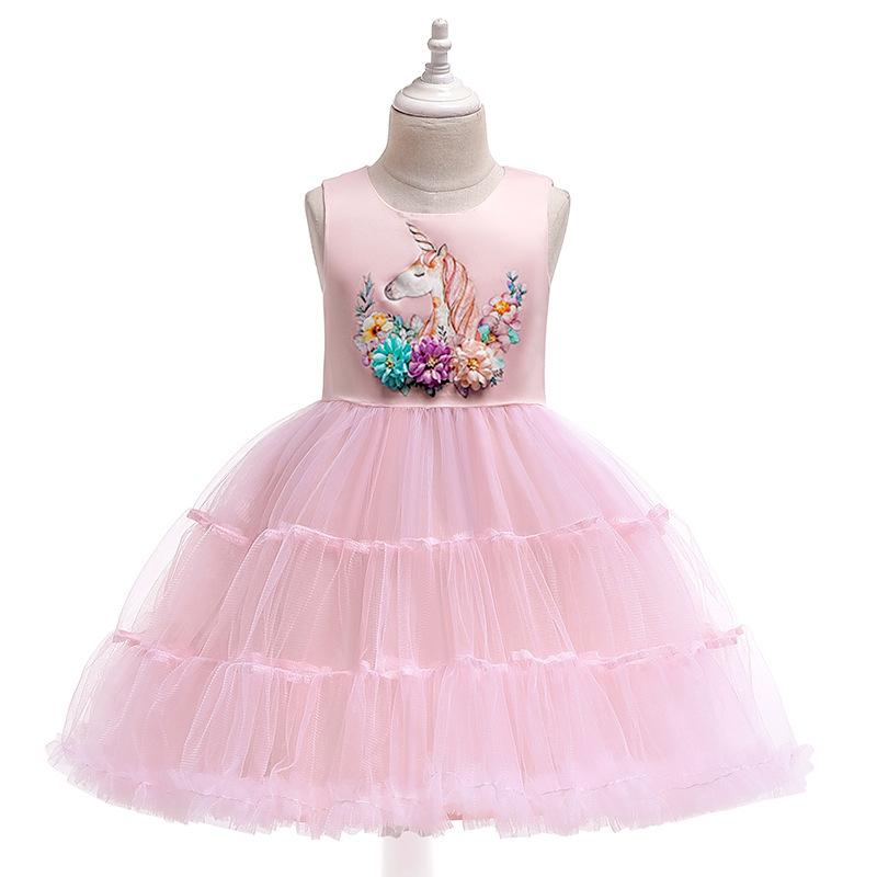 Платье принцессы с единорогом и цветочным принтом для девочек, весенне-летнее праздничное платье из смеси хлопка и сетки, асимметричное платье А-силуэта без рукавов, нарядное платье для детей 3-8 лет, румянец