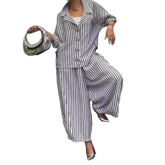 Women's Casual Suit Long-Sleeved Shirt Top Wide-Leg Harem Pant 2-piece Set Autumn Lapel Striped Nine-Point Pant Female Outfit Suit