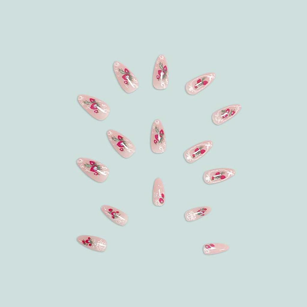 Pink Fake Nails with Strawberries Printed Sweet & Charming Reusable False Nails for Women and Girl Nail Salon
