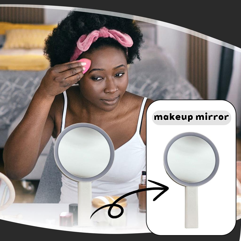 Portable Handheld Makeup Mirror 5x Magnification Adjustable Brightness Battery Operated Compact Design for Travel and Daily Use