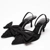 Fashion Mesh Embroidered Flower Back Strap Thin High Heels Women Sexy Pointed Toe Mules Sandals Summer Elegant Black Bow Designer Shoes