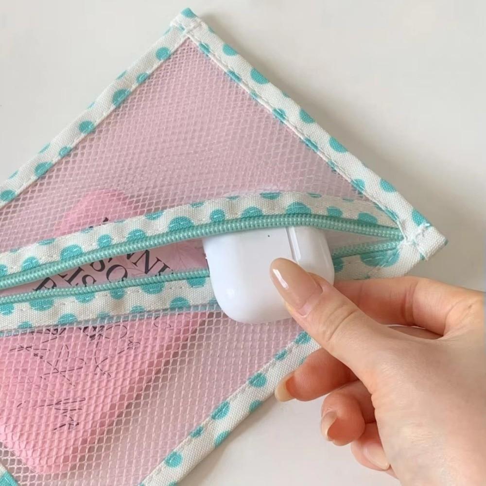 Wide Opening Dot Grid Storage Bag Korean Style Mesh Makeup Bag Charger Organizer Dorm Use