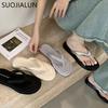 Fashion SUOJIALUN 2024 Summer New Brand Women Slipper Fashion Low Weadge Heel Dress Sandal Shoes Open Toe Slip On Outdoor Dress Slides