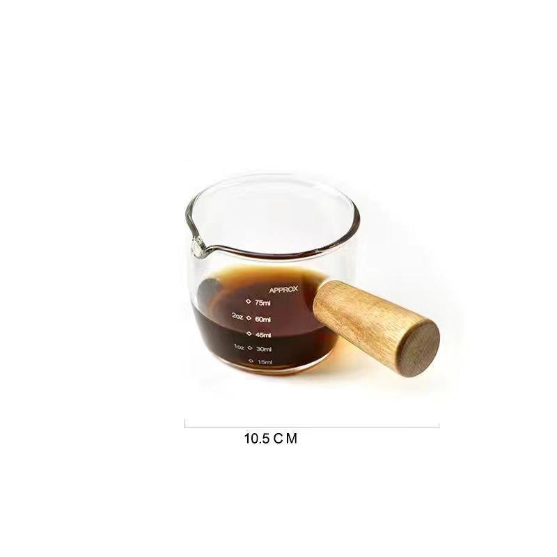 Glass Measuring Cup Wood Handle Glass Espresso Measuring Cup Single Milk Coffee Clear Jug Coffee Supplies Kitchen Measure Mug