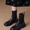 Knitted New Retro Boots Thick Heel Super Elastic Socks Medium Heel Short Boots Women Round Head Autumn and Winter Wear Thick 2024 Soft Leather Sole