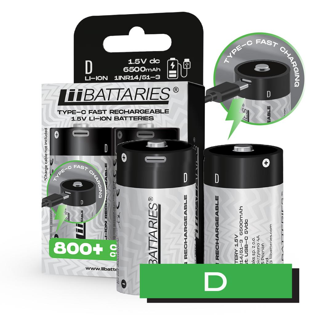 LiiBattaries МОЩНЫЙ ПЕРЕЗАРЯЖАЕМЫЙ АККУМУЛЯТОР ЛИТИЙ-ИОННЫЙ D USB-C 2 шт. 6500 мАч.