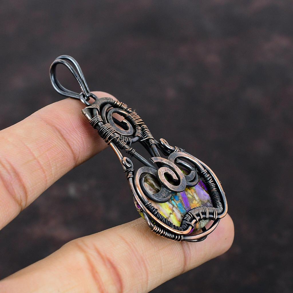 Многоцветный медный бирюзовый кулон, обернутый медной проволокой, кулон с драгоценным камнем, бирюзовый кулон, подарок для женщин, кулон ручной работы, медные украшения