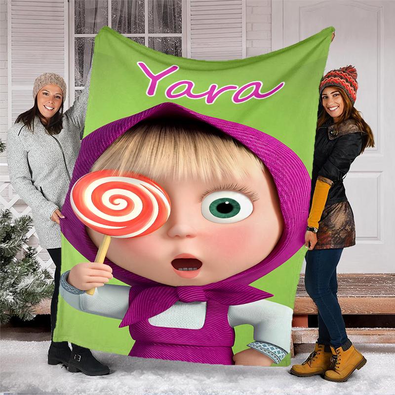 Personalized Custom Name Blanket - Masha and the Bear Print Design,Blanket for Sofa,Bed,Travel,Camping - Soft and Warm, Great Gift