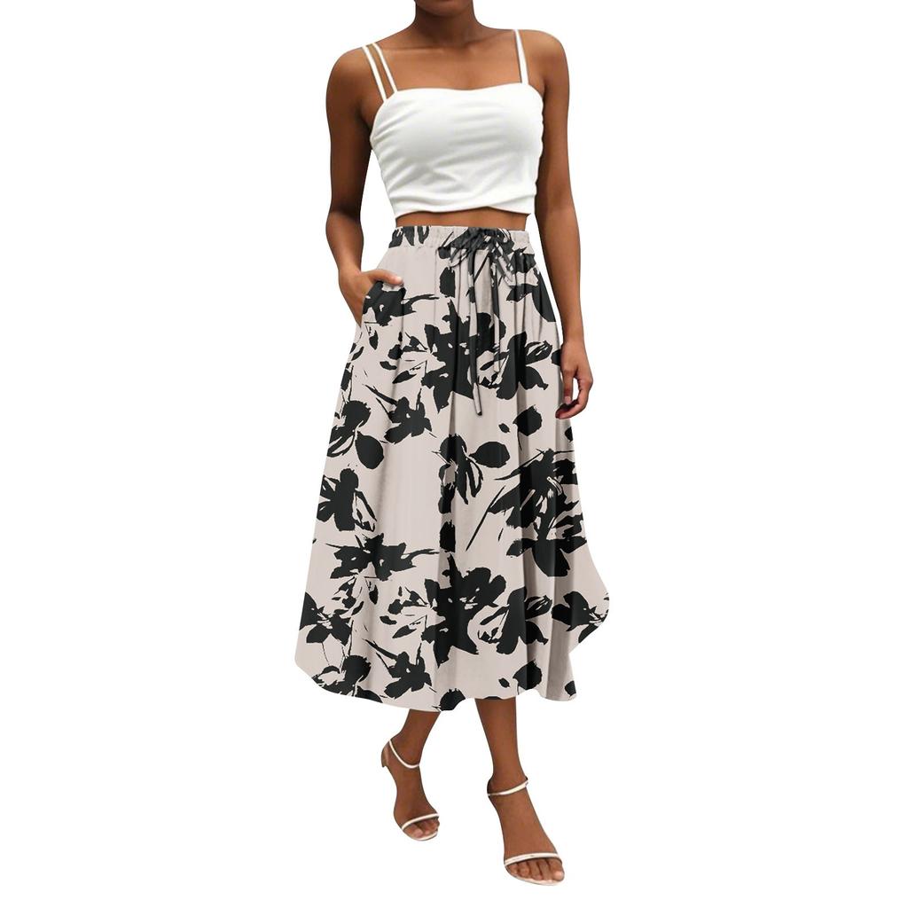 Women's Skirt Bohemian Flower Skirt Solid Color Casual Temperament With Pockets Skirt