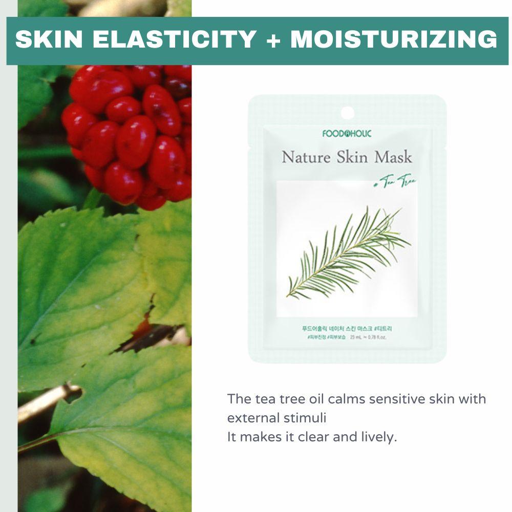 FoodaHolic Nature Skin Mask Tea Tree 23ml X 10 Sheets - Soothing & Balancing Facial Sheet Mask Pack for Clarifying and Pore Care(10 Sheets)