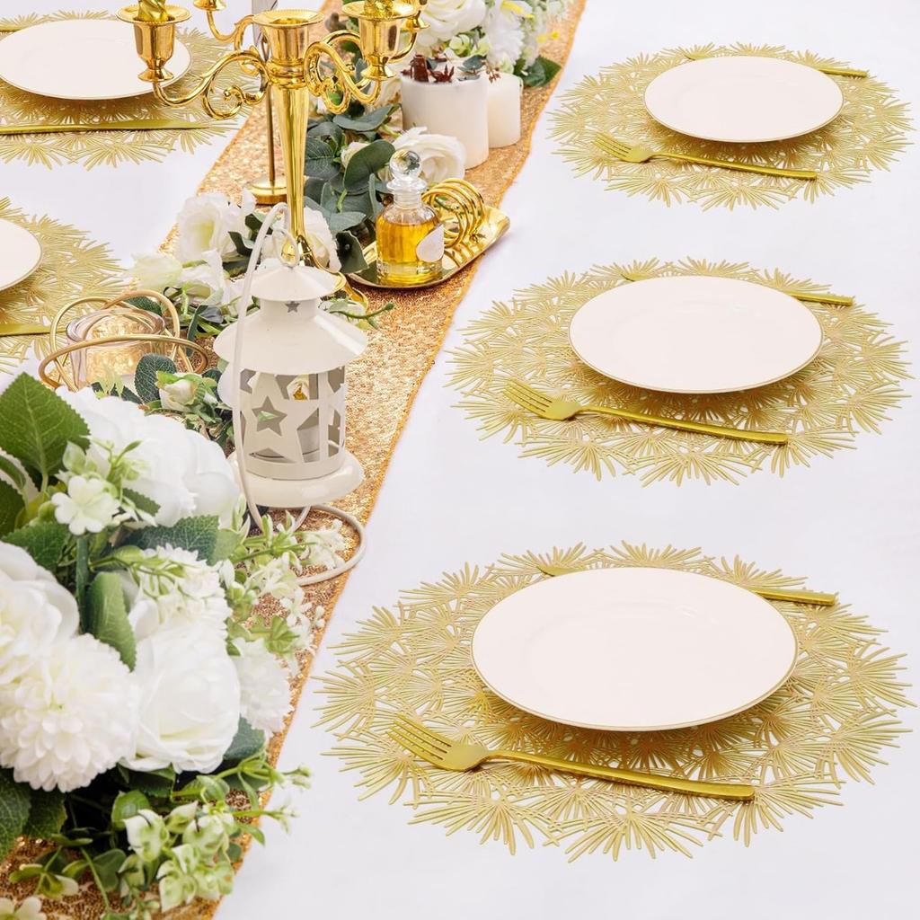 4PCS Round Gold Placemats Elegant Tablemats-Dandelion Flower Shape Placemats Vinyl Place Mats for Kitchen Dining Table Holiday Wedding Decorative