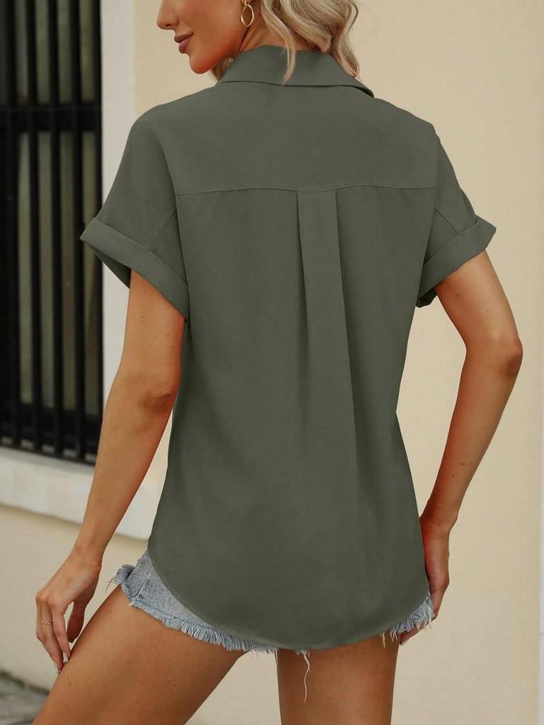 Women's V Neck Collared Button Down Shirt Short Sleeve Top with Pockets