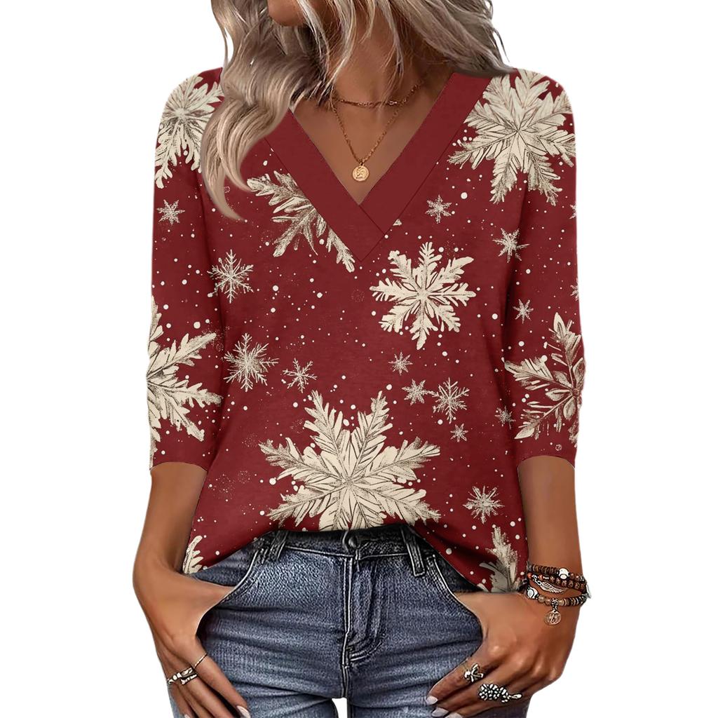 Women's Loose Comfortable Casual Fashion V-Neck Christmas Print 3/4 Sleeve Top