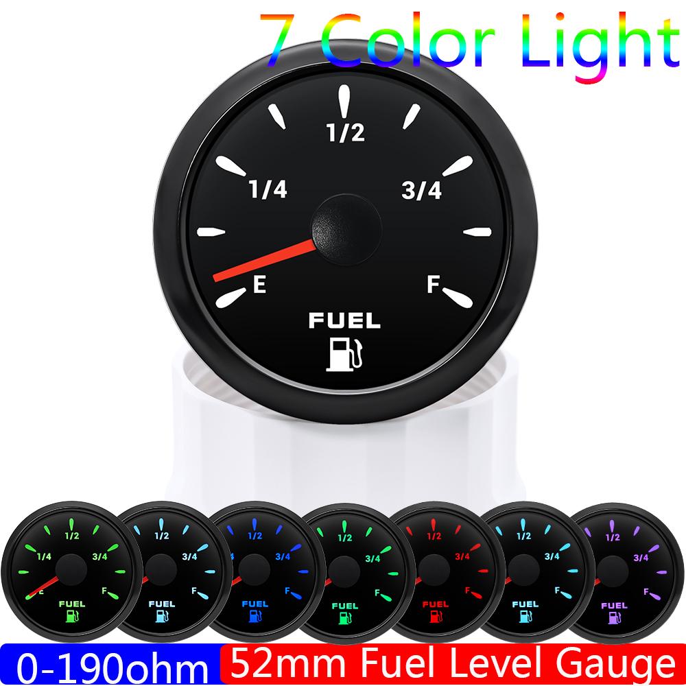 7 Color Backlight 52MM Fuel Level Gauge 0-190 Ohm Water Tank Gauge Meter Indicator 240-33 Ohm Oil Level Meter Auto Car Gauge