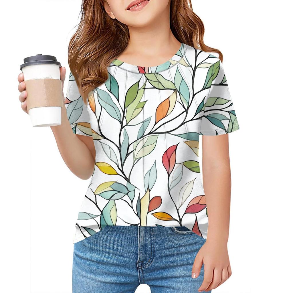 Детская футболка Fold A для девочек, летняя модная куртка с круглым воротником и цветочным принтом с короткими рукавами