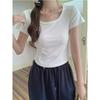 Retro U-neck Short-sleeved Women's New T-shirt Summer Thin Slim and Pure Sweaty Shoulder-Exposed Clavicle Top