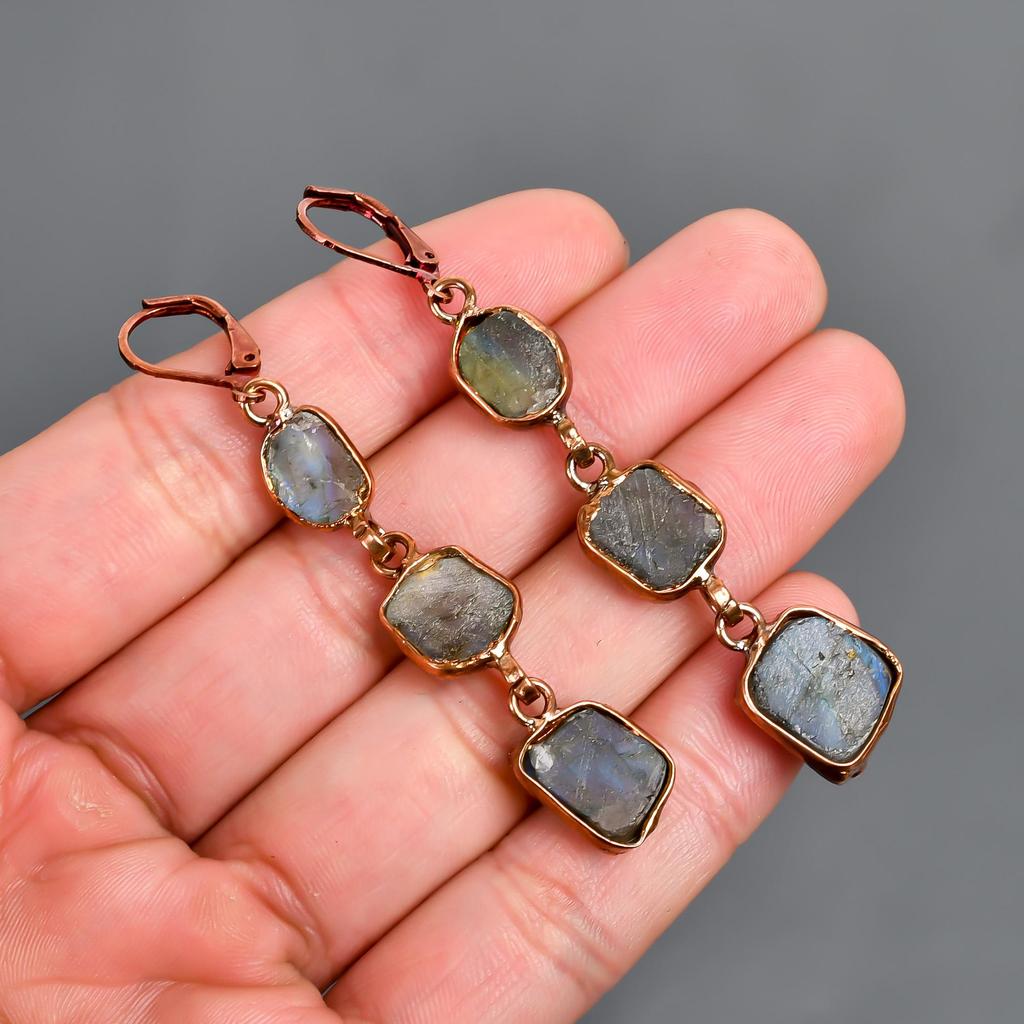 Natural Labradorite Multi Electroformed Earrings, Multicolor Drop & Dangle Earrings, Copper Jewelry, Anniversary Gift, Earrings For Mother