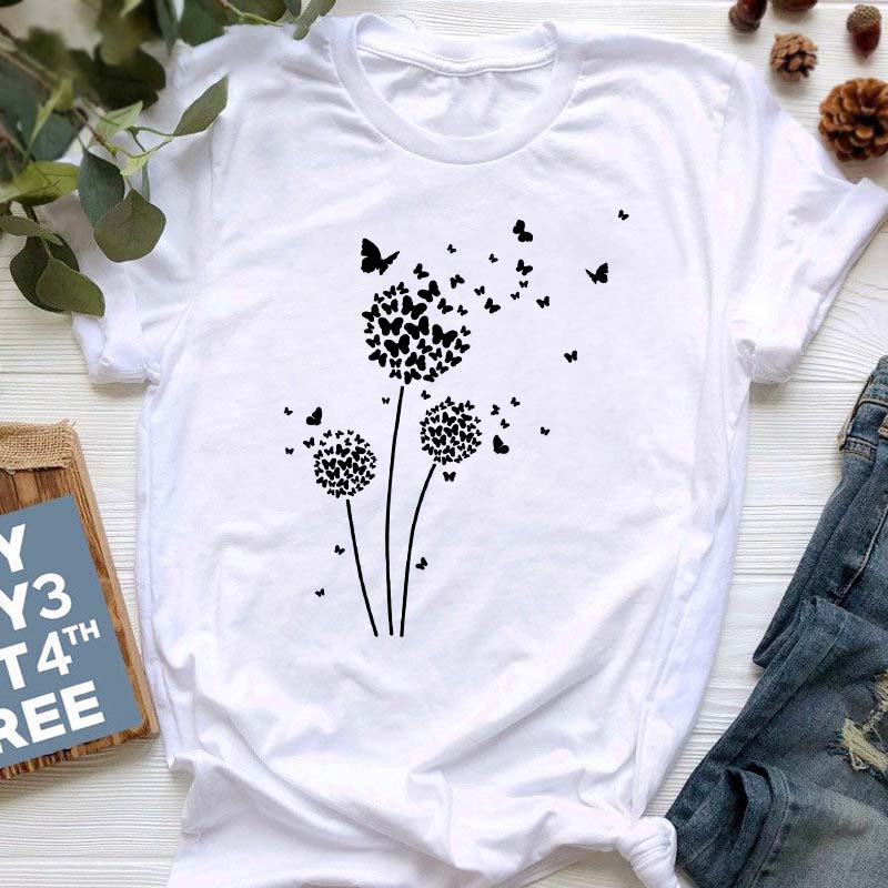 Летняя женская футболка с принтом одуванчика, свободные женские рубашки больших размеров, повседневная футболка с коротким рукавом, топ, черные модные футболки с круглым вырезом