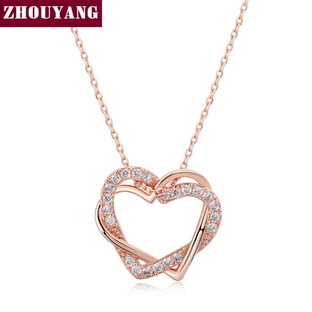 ZHOUYANG Top Quality Heart to Heart Rose Gold Color Pendant Necklace Jewelry Made with Austria Crystal N062 N063