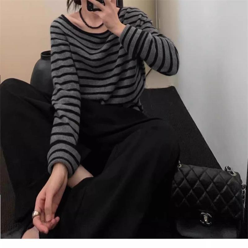 Элегантный Свободный Вязаный Пуловер с Покатым Плечом в Полоску Повседневный Нежный Осенний Женский Модный Топ с Длинным Рукавом Свободный Повседневный Офисный Тонкий