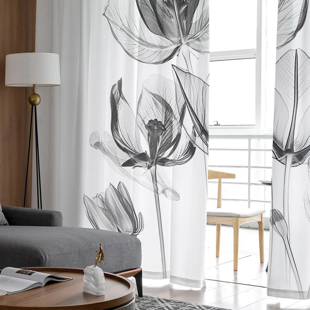 Flower Laser Tulip Transparent Bedroom Transparent Sheer Curtains Holiday Decoration Window Voile Tulle Curtain